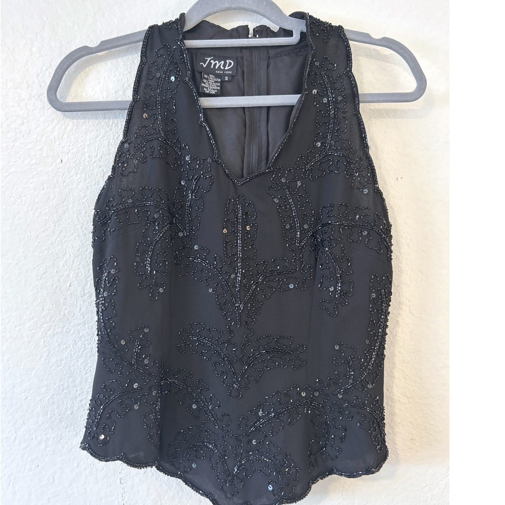 Black Beaded Sequin Vampy Whimsgoth Sleeveless Top V-Neck Scalloped Hem SZ S